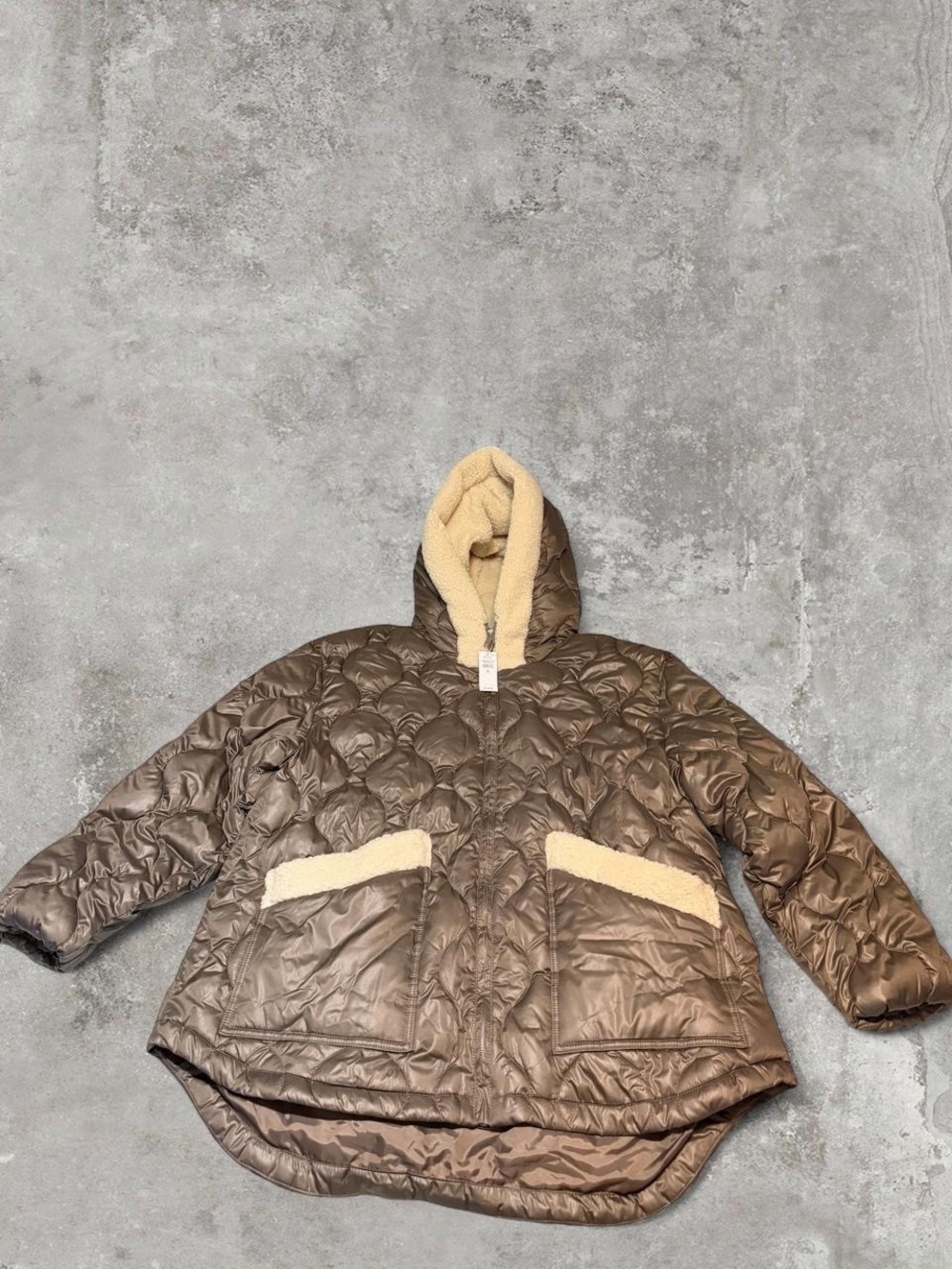 GAP Brown Quilted Puffer Jacket with Cream Sherpa Hood Trim